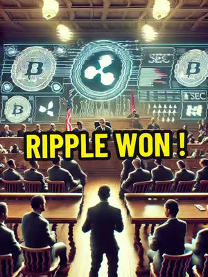 An AI-generated image depicts a courtroom scene. In the foreground, several rows of people face away from the viewer, likely representing the audience. In the background, a central panel displays cryptocurrency-related symbols. The text 'RIPPLE WON!' is prominently displayed in a yellow, bold font across the center of the image, contrasting with an overall blue and grey color scheme.