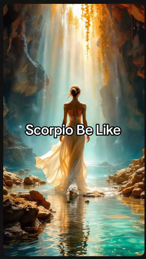 A digital art piece shows a woman from the back, wearing a flowing white dress, standing in shallow water. Behind her, a waterfall cascades down a cliff face, with golden light illuminating the scene. The text overlay reads "Scorpio Be Like."