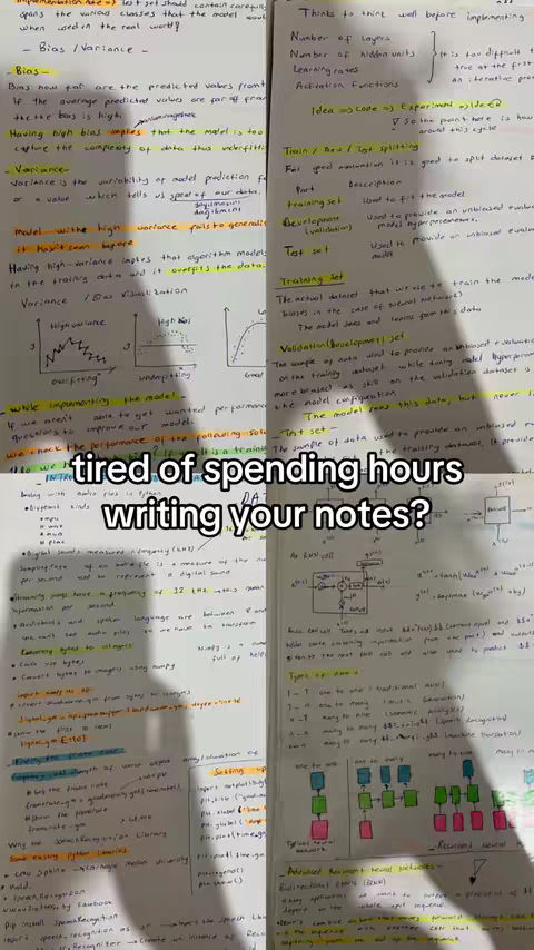 The image is a cover for a video, featuring four quadrants of handwritten notes on white paper. The notes are filled with equations and diagrams. A text overlay, in a rounded black box, states: "tired of spending hours writing your notes?"