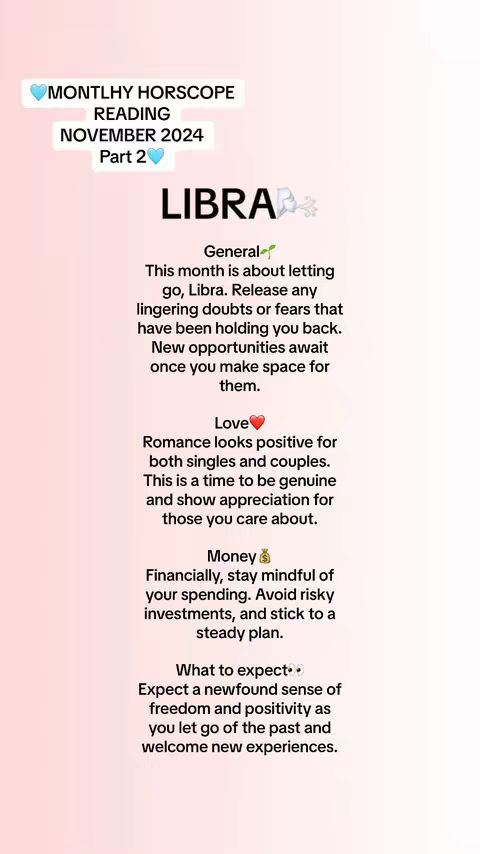 A vertically oriented graphic with a light pink background. At the top, there is a light blue box with white text that reads "MONTLY HOROSCOPE READING NOVEMBER 2024 Part 2". Below that is the word "LIBRA" in a large, bold, black font. The graphic contains three sections:General, Love and Money. Each section has a relevant emoji beside the name. Below each section name is descriptive text. The overall layout uses a simple, clean design with a soft color palette.