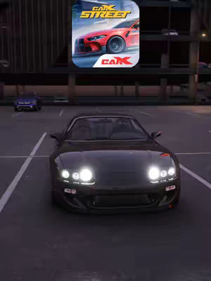 The cover image features a black car parked in a parking spot, with its headlights on, in front of what appears to be a parking garage. The CarX Street game logo is in the top left corner.