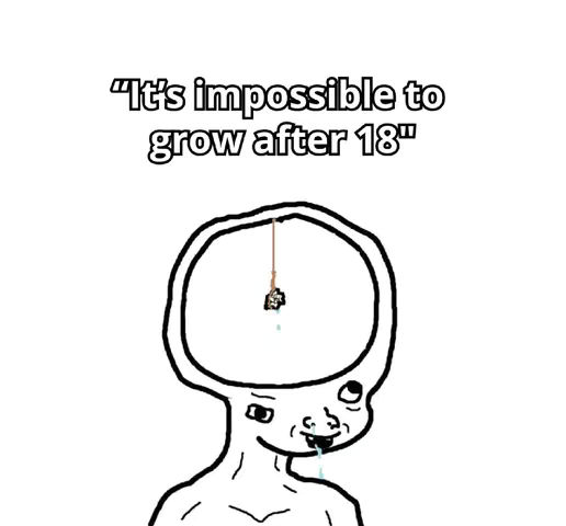 A black and white cartoon of a character with a very large open head, a small dangling object inside, and text overlaid.
