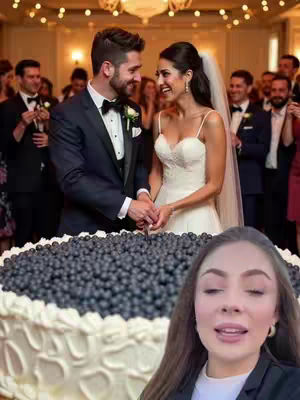The image shows a wedding scene with the bride and groom in the foreground. The couple is standing in front of a large, multi-layered cake with dark fruit decorations. The couple is also in front of a group of wedding guests that blurred in the background. The woman in the bottom right corner also has the look of a content creator reacting to wedding content.