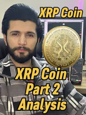 A man with a beard is centered in the frame, wearing a plaid shirt with text overlays above and below him. To his right, a gold coin with an XRP logo dominates the background, and a smartphone displays a graph. The backdrop includes a computer monitor showing what seems to be a trading chart.