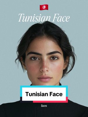 A head-and-shoulders shot of a woman with dark hair and a serious expression. The background is a soft blue. Overlaid on the image are text elements including the words 'Tunisian Face' and the flag of Tunisia.