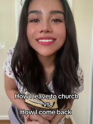 The cover image features a smiling woman with long, dark hair. Text overlayed on the image reads, "How I leave to church vs How I come back." The woman is holding a bible and a purse.