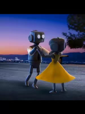 An animated scene featuring two stylized robot characters, a male and female robot dancing gracefully. The background shows a dusk or dawn sky with a city skyline in the distance.