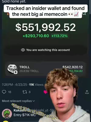 A young man with light brown hair is centered in the frame, looking directly at the camera. Behind him, a dark screen displays financial information: large numbers with percentage increases, app logos, and a comment section, all related to cryptocurrency data. The overall composition suggests a focus on financial analysis or investment strategies.