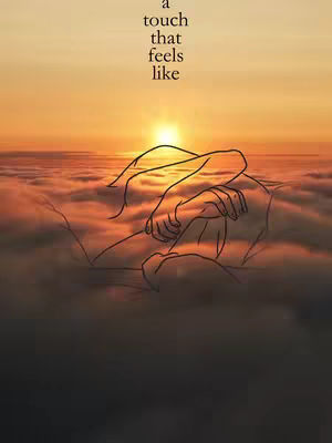 An abstract image of a sunset with a pair of arms embracing each other amidst the clouds. The text overlay shows a message.