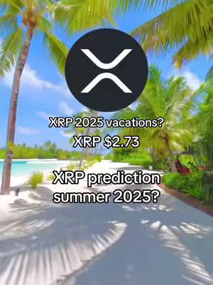 A tropical scene with palm trees, blue sky, and white sand. The image has text overlays related to XRP cryptocurrency, including a prediction for 2025 and a price.