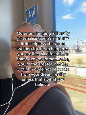 A woman is shown in a selfie-style shot taken from inside a train. She has braided hair and is wearing white earbuds and a black top with a brown shoulder bag. Text overlays her face. Sunlight streams through the train window on the right, with a sign indicating seating for people with disabilities in the background. The overall composition is focused on the woman's face, creating an intimate and direct feel.