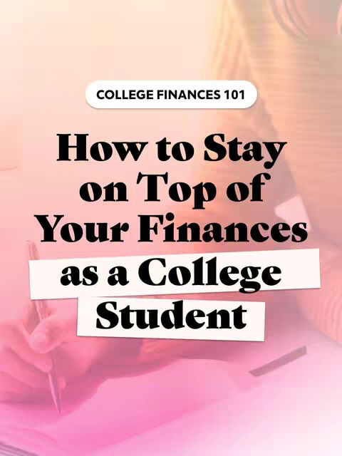 The cover image features a person's hand holding a pen, writing on a page, with a soft pink and peach gradient background, along with text overlaid, offering advice on college finances.