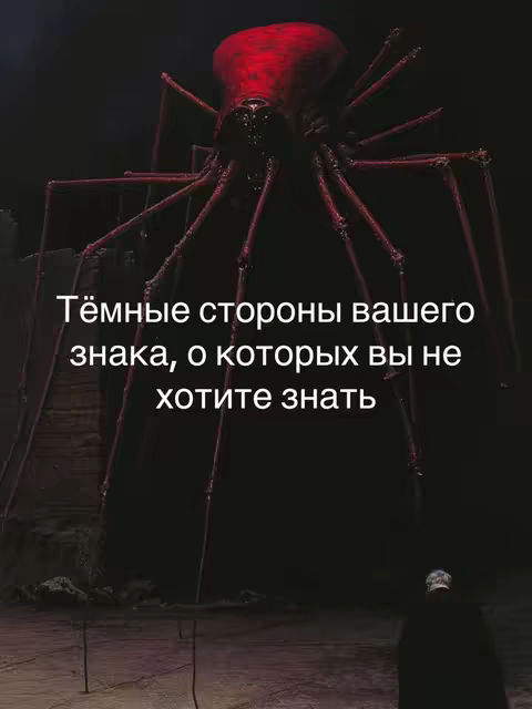 The image is a dark, surreal illustration. A colossal, reddish-brown spider-like creature looms in the background, its many legs and body silhouetted against a nearly black sky. In the foreground, a tiny, faceless figure stands, appearing to gaze up at the giant entity. White text is overlaid below the spider, and the overall composition evokes a sense of mystery and foreboding.
