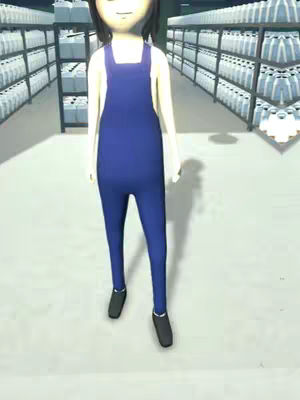 The image shows a cartoony figure in a grocery store setting. The figure, likely a game character, wears a blue jumpsuit and stands in an aisle with shelves of products visible in the background. The scene is brightly lit.