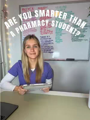 A woman with blonde hair sits at a desk, holding a tablet. Behind her is a whiteboard with handwritten notes. Text overlays the image, asking if the viewer is smarter than a pharmacy student.