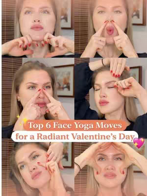 A collage showing a woman performing face yoga moves, with close-up shots of her face as she demonstrates different exercises. The text overlay says, "Top 6 Face Yoga Moves for a Radiant Valentine's Day". The background is a warm-toned room.