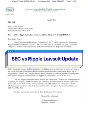 The cover image is a document, likely a legal filing or official report, as indicated by the headers and formatting of official paperwork. The top section features the name of a court case, the date, and page numbers. Below, a banner with the text 'SEC vs Ripple Lawsuit Update' is placed and highlighted within a clear rectangular blue section. The layout suggests a formal context, emphasizing the importance of the written information. The color scheme is predominantly black and white.