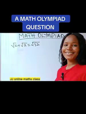 A woman stands in front of a whiteboard with a math equation written on it, with the text overlay that says "A MATH OLYMPIAD QUESTION" at the top, and the creator is smiling at the camera in a red top, with her name and the name of the class below.