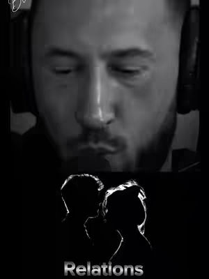 A grayscale image featuring a man's face in the upper half, appearing to be wearing headphones. Underneath, there's a black silhouette of a couple facing each other, with the word "Relations" below in white text.