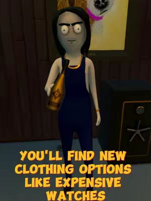 A stylized animated character in a dark blue jumpsuit holds a gold bottle in front of a dark room. Text overlayed at the bottom saying 'YOU'LL FIND NEW CLOTHING OPTIONS LIKE EXPENSIVE WATCHES' in yellow.