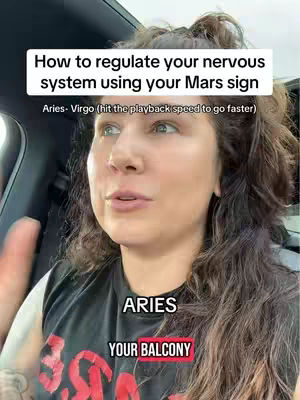 A woman is filmed from the chest up, sitting in a car, with a white text box over her head. The text box contains the video's title and guidance. The word “ARIES” is written at the bottom in a bold black font over a red rectangle that reads, “YOUR BALCONY”.