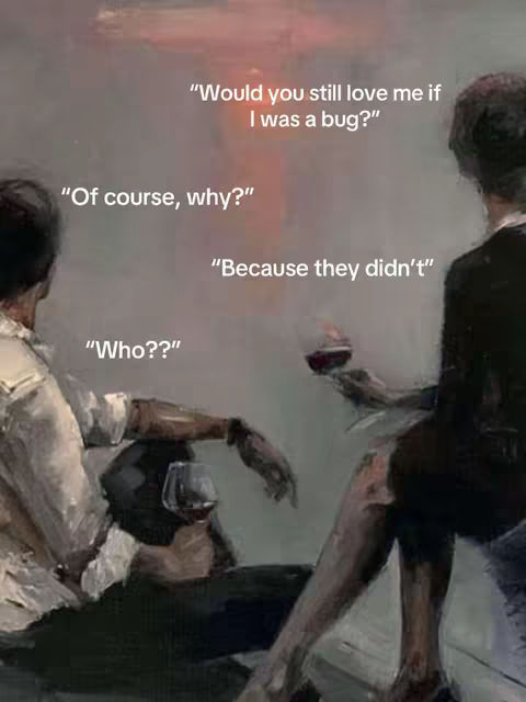 An oil painting-style image shows a dialogue between two figures in a dim setting, likely indoors. The left figure is seated, with a partially visible face and wearing a light-colored shirt, holding a wine glass. The right figure is also seated with back exposed, and wearing a dark suit or dress, with a red-orange light coming from overhead. Text bubbles with questions and statements float around the figures addressing each other. The style is impressionistic with a soft palette, suggesting a melancholic tone.