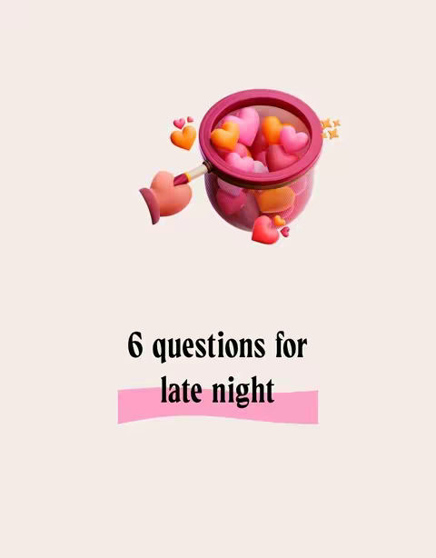 The image features a light beige background with a central illustration of a heart-shaped net filled with hearts. The net is held by a hand-shaped handle. Below, text reads '6 questions for late night' set against a pink banner.