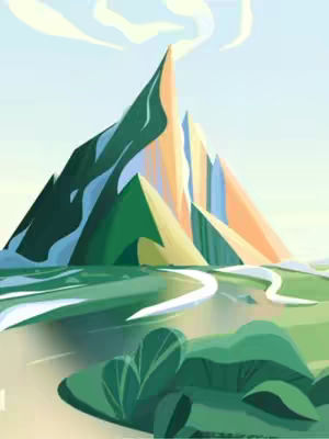 An animated illustration of a mountain with a peak, done in a simple, cartoon style. The mountain is jagged and multicolored, with shades of green, orange, and blue, set agaisnt a light blue sky with a few clouds and a green landscape with a winding white road.