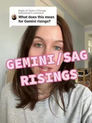 A woman with brown hair is facing the camera with a light gray sweatshirt. A text overlay reads 'GEMINI / SAG RISINGS' in a purple, rounded font with a pink outline. Above her, in a white box a comment is written 'What does this mean for Gemini risings?'
