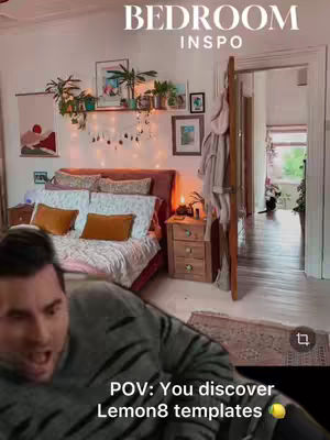 The cover image shows a man reacting with an open mouth against the backdrop of a bedroom. Above him is a text overlay that reads "BEDROOM INSP O". The bedroom itself has a bed with pillows and a decorative shelf with plants and artwork on it.