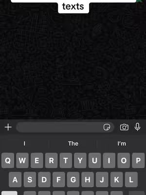 The cover image shows a black background with a text overlay in a white rectangle that says "texts". At the bottom there is a grey keyboard of a phone. The background appears to show some sort of pattern, with dark theme used throughout.