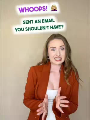 The cover image features a woman with long, wavy brown hair making a surprised face with wide eyes and her hands up, palms facing forward. Text overlays above read 'WHOOPS!' and 'SENT AN EMAIL YOU SHOULDN'T HAVE?'. This design is set against a blurred light background.