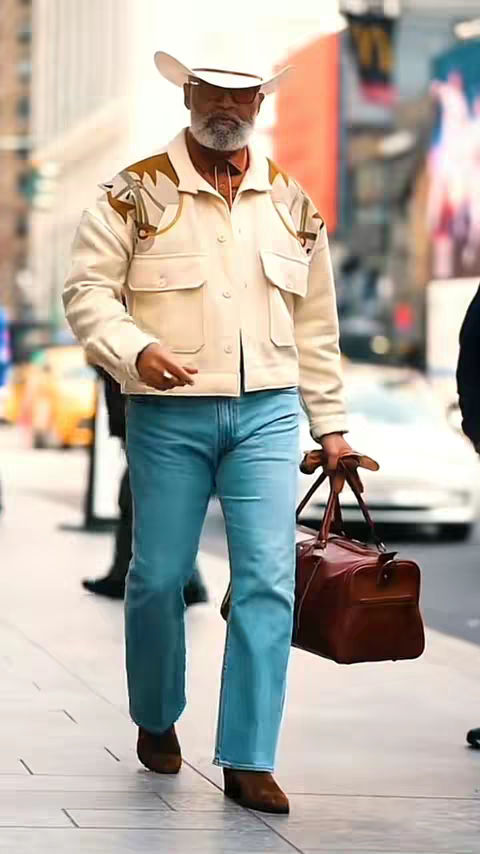 An older man with a grey beard and mustache is walking down a city street. He is wearing a white cowboy hat, sunglasses, a cream-colored jacket with patches, light blue jeans, and brown boots. He carries a brown leather bag over his right hand. The background shows city buildings with yellow cabs and blurred figures walking around.