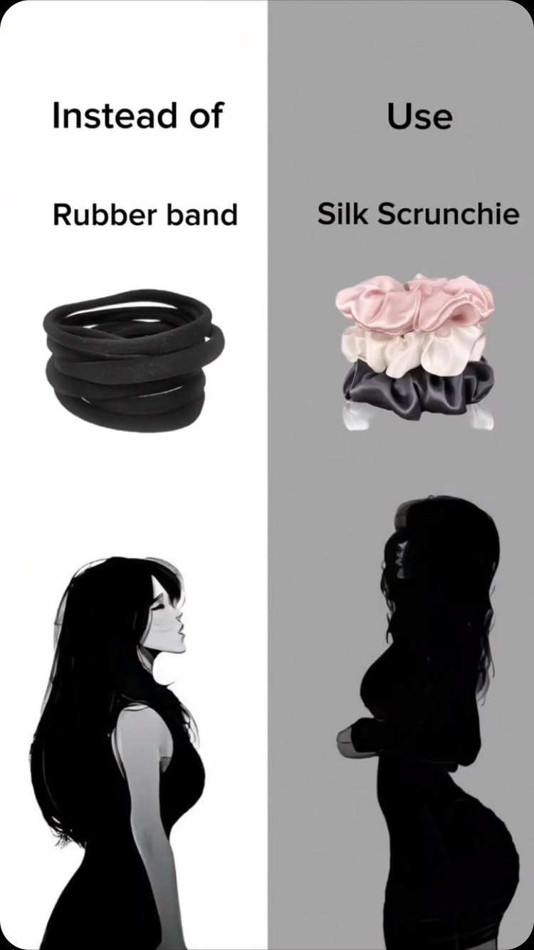 The image is split into two halves, a white background on the left and a gray background on the right. On the left, stacked black hair ties are displayed below the phrase "Instead of Rubber band". Below the hair ties is a silhouetted illustration of a woman facing left. On the right, a stack of silk scrunchies sits below the phrase "Use Silk Scrunchie". Below the scrunchies is a silhouetted illustration of a woman facing right.