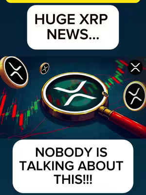The cover image is a stylized graphic. It features a dark blue background overlaid with a stock chart in red and green. In the center, a magnifying glass reveals the XRP symbol, emphasizing the coin. There are other XRP logos around the background. The top and bottom contain white rectangular blocks with the text overlayed.