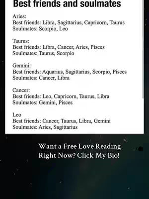 The image displays a list of zodiac signs with their corresponding best friend and soulmate pairings. The text is set against a dark, speckled background, with the title text in a bold, clear font, and a call to action at the bottom.
