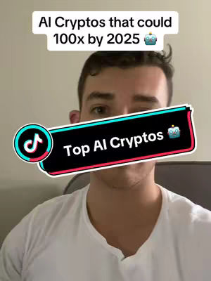 A man in a white t-shirt is centered, looking at the camera. Above him is a text box with text indicating " AI Cryptos that could 100x by 2025 " with also, a robot emoji. There is a stylized TikTok overlay with the text "Top AI Cryptos". The background appears to be a cream-colored wall.