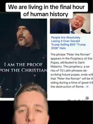 The cover image is a split image of three distinct panels arranged vertically. The top panel features the text overlayed on a black background and a second pane showing the side profile white man with light skin, dark hair and a beard in a dark hooded sweater, and an image of Donald Trump speaking while on a stage. The bottom panel contains the creator’s face, positioned at the bottom of the overall image.