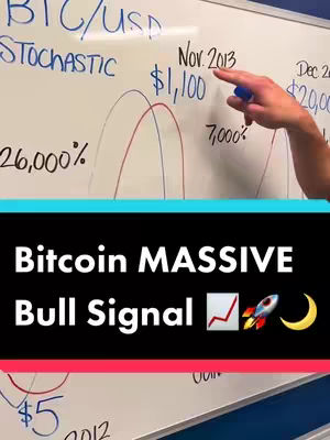 The cover image shows a person pointing to a whiteboard with handwritten text and graphs related to Bitcoin. Below, a black bar contains centered text: 'Bitcoin MASSIVE Bull Signal', with a graphic of an upwards trending line and a rocket with a moon.