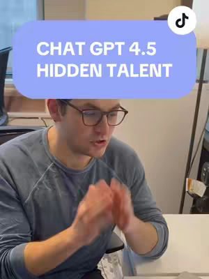 The cover image features a man in a blue long-sleeved shirt, wearing glasses, and looking down with a thoughtful expression. Above him is a blue rectangular element displaying white text that reads "CHAT GPT 4.5 HIDDEN TALENT". The overall composition is a selfie-style shot.