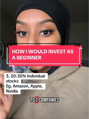 A woman wearing a black hijab is the center. A red rectangular text box is above her face with the text "HOW I WOULD INVEST AS A BEGINNER". Below is a text box that contains the text: "3. 20-30% Individual stocks Eg. Amazon, Apple, Nvidia TO 2 COMPANIES"