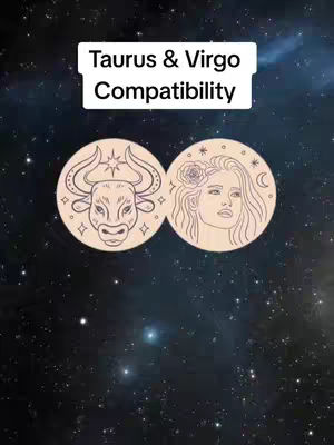 The cover image displays a background of a starry galaxy with two circular medallions overlaid. The medallion on the left features a bull's head, a symbol of Taurus, while the right medallion showcases a woman, likely representing Virgo. A text box labeling "Taurus & Virgo Compatibility" is at the center.