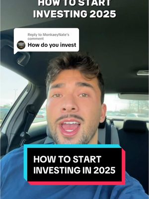 A man in a car enthusiastically talking, with text overlays about investing. Color palette includes blues, white, and black.
