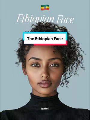 The cover image features a close-up of a woman's face. She has dark hair and brown eyes, with a neutral expression. The background is a solid light blue. A text overlay reads "The Ethiopian Face" within a rectangular box. Above this, is the Ethiopian flag.