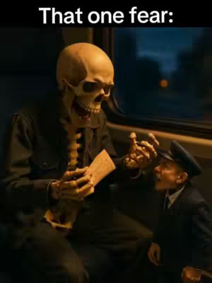 The image features a skeleton interacting with a person dressed in a conductor's uniform inside a train. The skeleton, seated, holds a piece of paper and appears to be addressing the conductor, who is looking up with a worried expression. The scene is set against the blurred background of a train window at night, with the overall tone being humorous or meme-like.