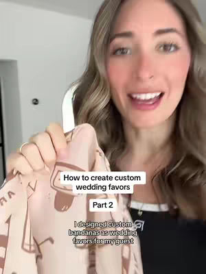A woman with long wavy brown hair is holding up a patterned scarf or bandana, smiling at the camera. Text overlays provide context about wedding favors.