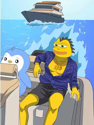 An animated cover image featuring two cartoon characters on a boat. A yellow lizard-like figure with a blue shirt and black shorts sits on the right, with a gold chain and the word "PEND" on their chest. A blue penguin with a sad expression sits on the left. In the background, there's a large boat on the water, suggesting a sunny day.