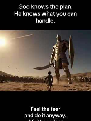 A digitally created image showing a small figure seemingly facing a much larger, armored figure on a sandy ground under a bright sky. There are distant lines of soldiers on the left.