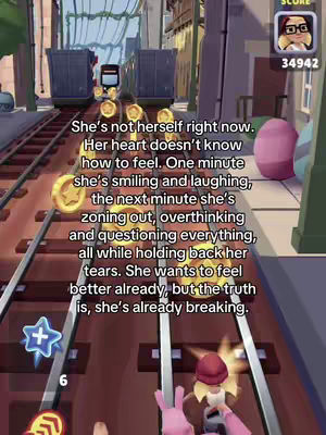 The image is a screenshot of a subway surfers gameplay, with text overlayed. The text is a stream-of-consciousness style description of someone's feelings. Text is overlayed on top of the game. The game itself shows the character running on the tracks along with collecting coins and other items. A score and avatar appear in the top right corner.