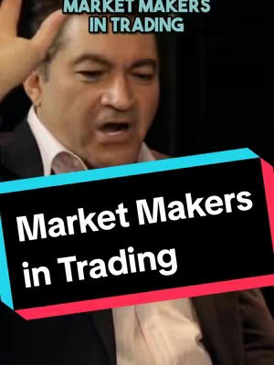 Image of a man speaking with two text overlays. The top overlay reads: 'MARKET MAKERS IN TRADING' in turquoise font. The bottom overlay reads the same text in white font against a black background, outlined in a blue and red linear shape.